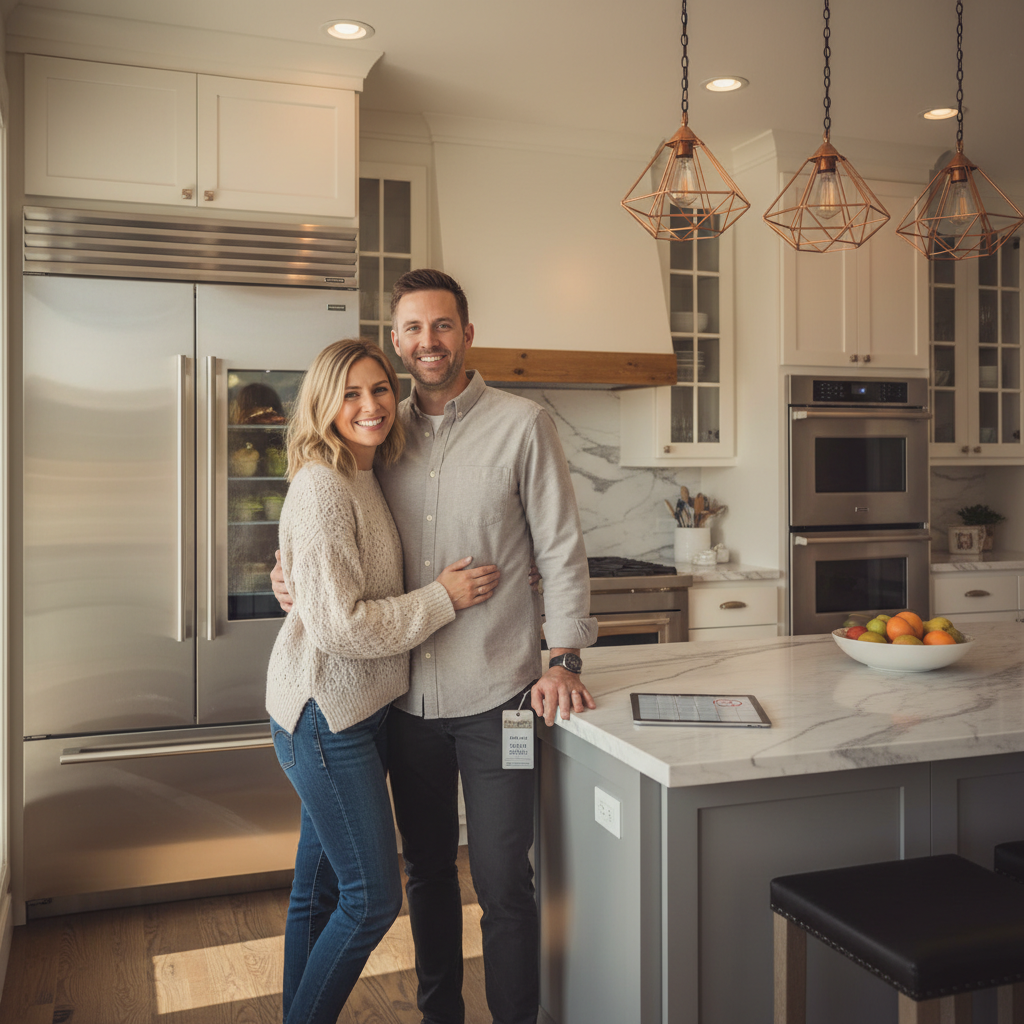 Happy homeowners in luxury kitchen after appliance repair