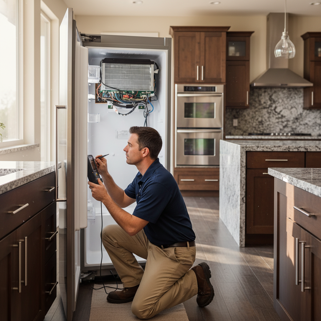 Professional appliance repair technician servicing Sub-Zero refrigerator